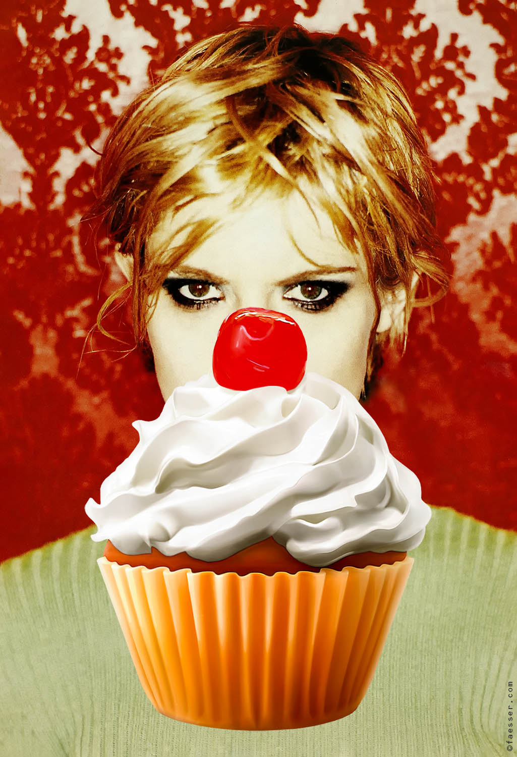 Female portrait with large cupcake in front; artist Roland Faesser, sculptor and painter 2020