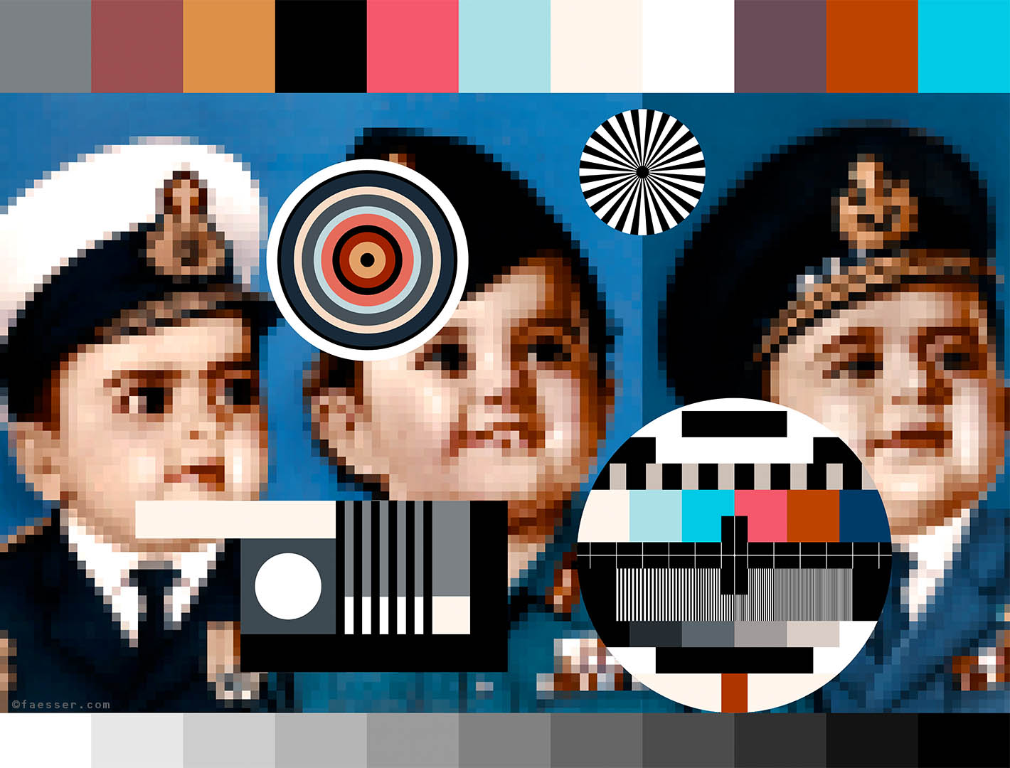 Three pixelated child admirals overlaid with TV charts; artist Roland Faesser, sculptor and painter 2020