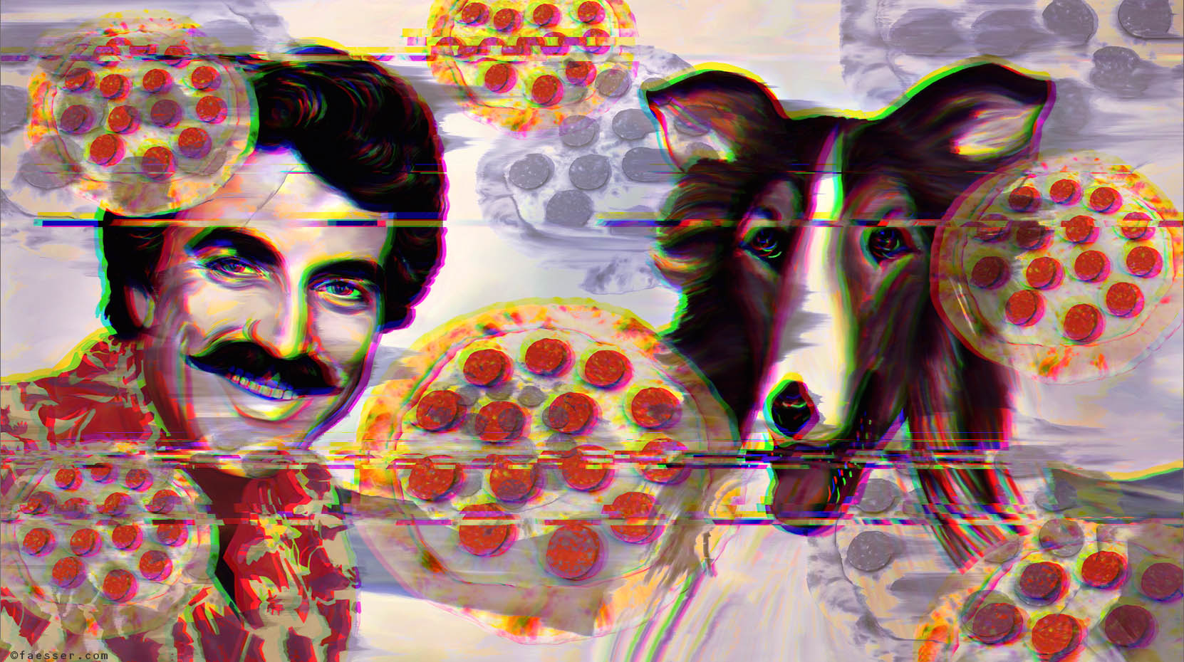 Tom Selleck and Lassie united in a pizza storm; artist Roland Faesser, sculptor and painter 2021