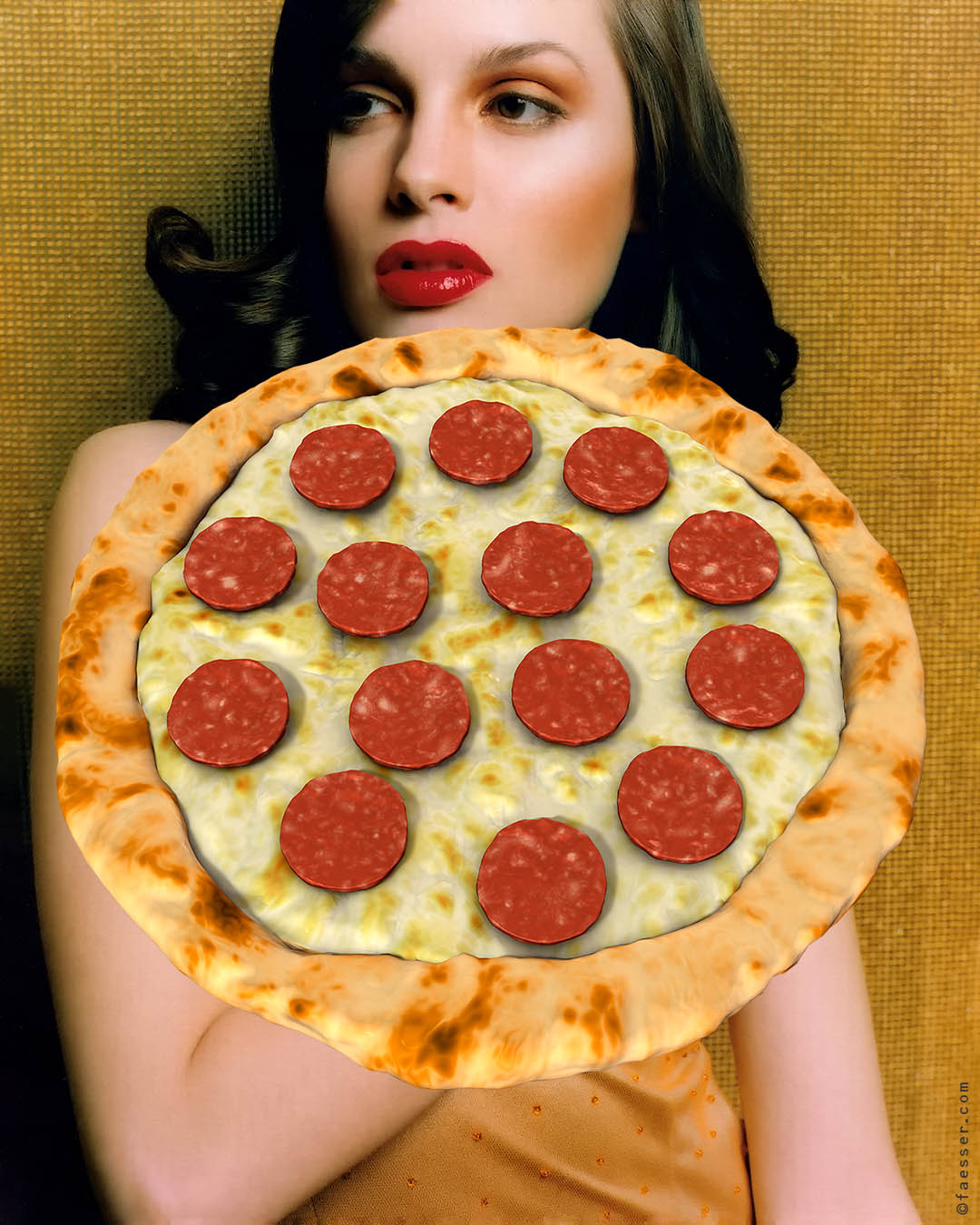 Female fashion portrait covered by a large Pizza; artist Roland Faesser, sculptor and painter 2020