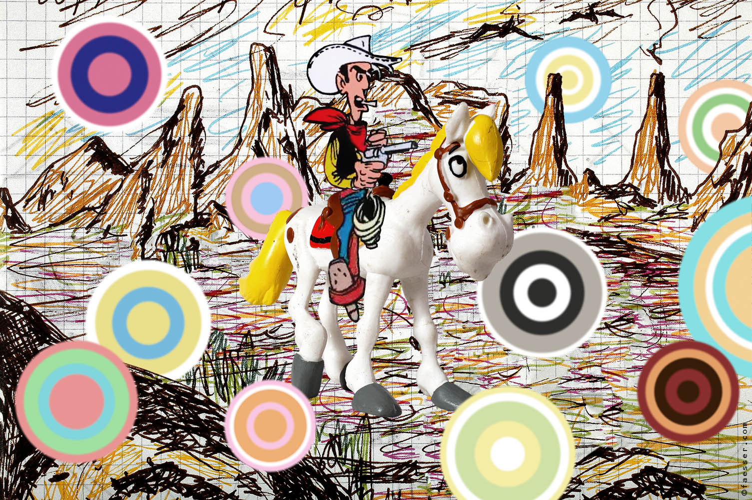 Lucky Luke on his horse, shooting colored bubbles; artist Roland Faesser, sculptor and painter 2018