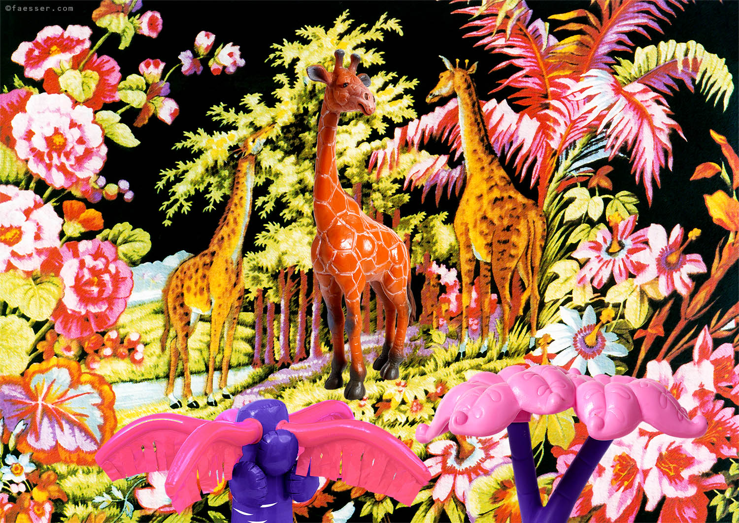 Digital overpainted Gobelin tapestry with three giraffes; artist Roland Faesser, sculptor and painter 2018