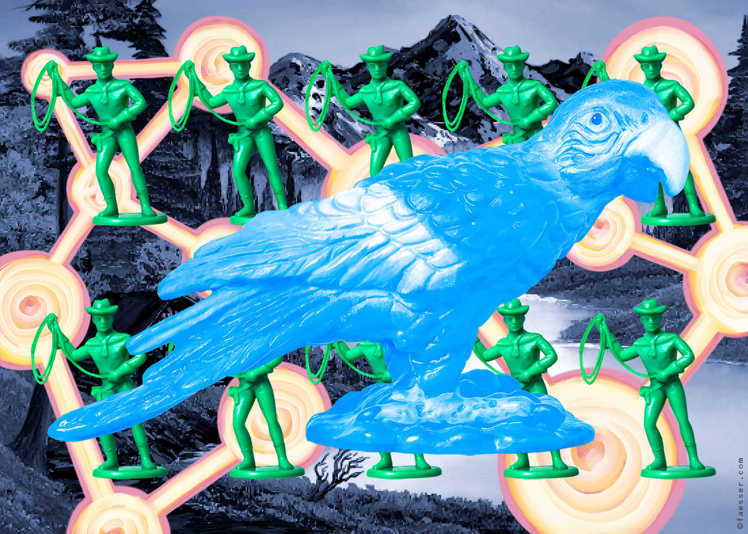 Ten cowboys try to capture a parrot with their lassos; artist Roland Faesser, sculptor and painter 2021