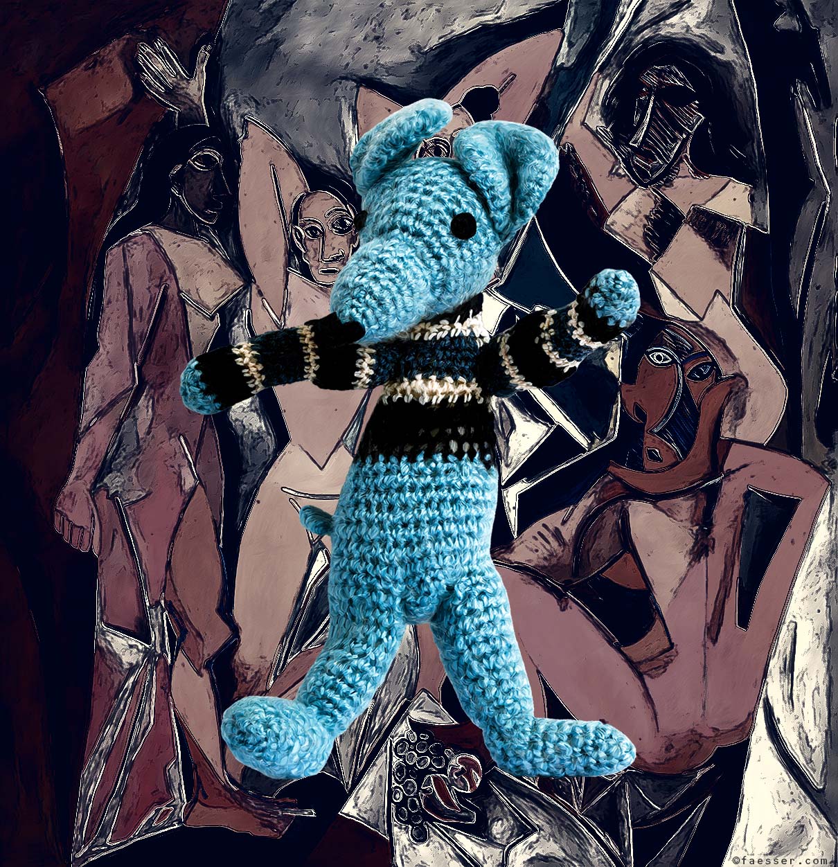 A knitted animal, as a Travolta imitator, in front of a transformed Picasso Painting; work of art as figurative painting; artist Roland Faesser, sculptor and painter 2022