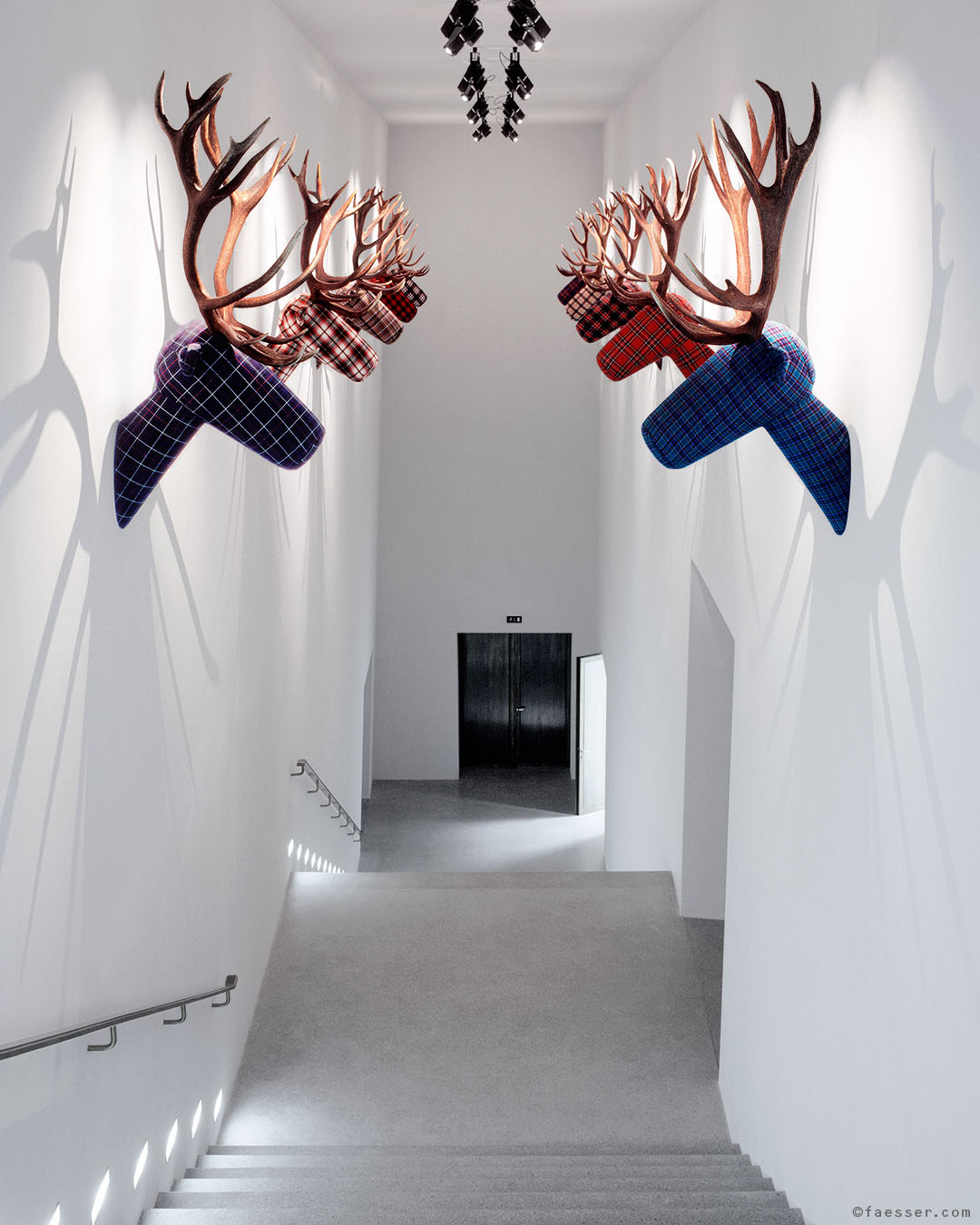 Ten tartan trophies with real antlers in the new entry-space of the Federal State Museum Liechtenstein, Roland Faesser 2004