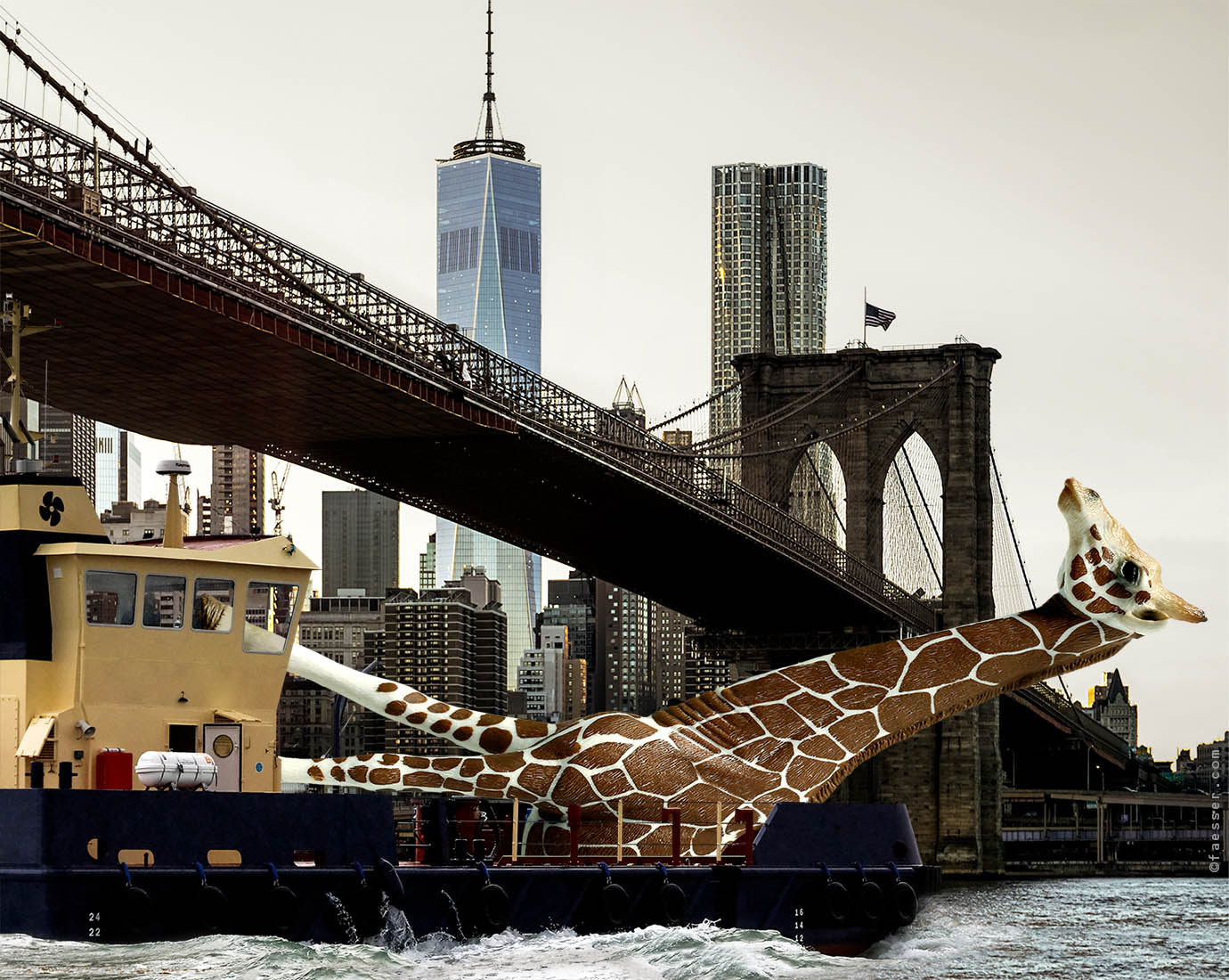 Public giraffe sculpture shipping on the East River in NYC; artist Roland Faesser, sculptor and painter 2018