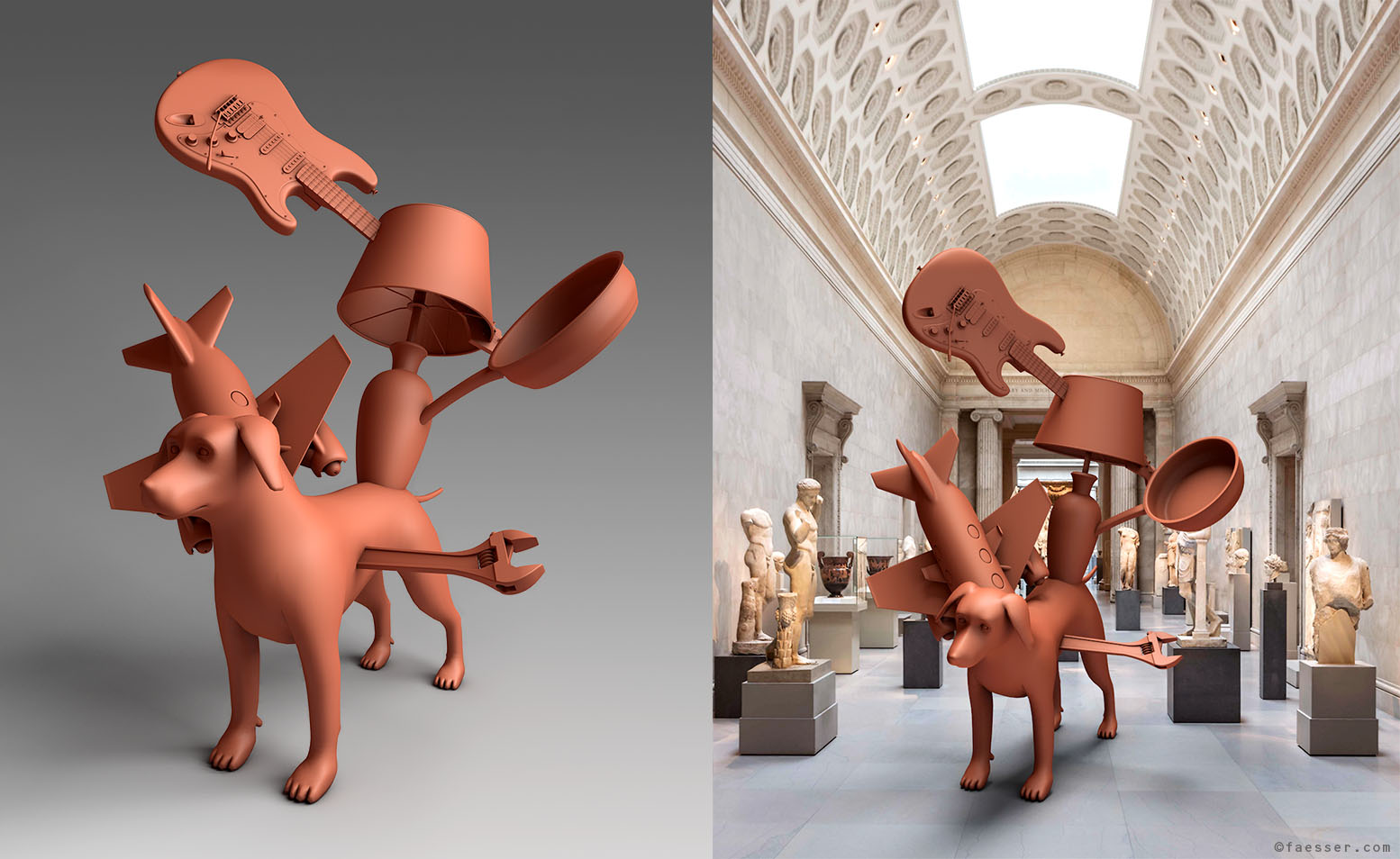 Dog clay sculpture with airplane and everyday tools as an animated virtual exhibition in the Metropolitan Museum of Art, NYC; artist Roland Faesser, sculptor and painter 2022