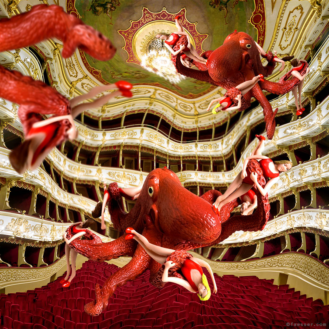 Synchron ballet with octopussies and beach mermaids at the Theater Regio di Parma; work of art as figurative sculpture; artist Roland Faesser, sculptor and painter 2016