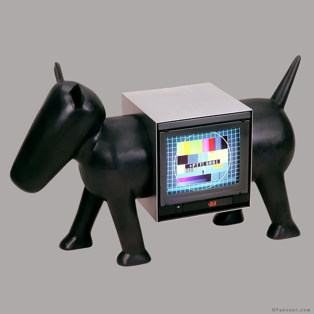 T.ier-V.ision: Abstract dog carrying a TV in his body; work of art; artist Roland Faesser, sculptor and painter 1988