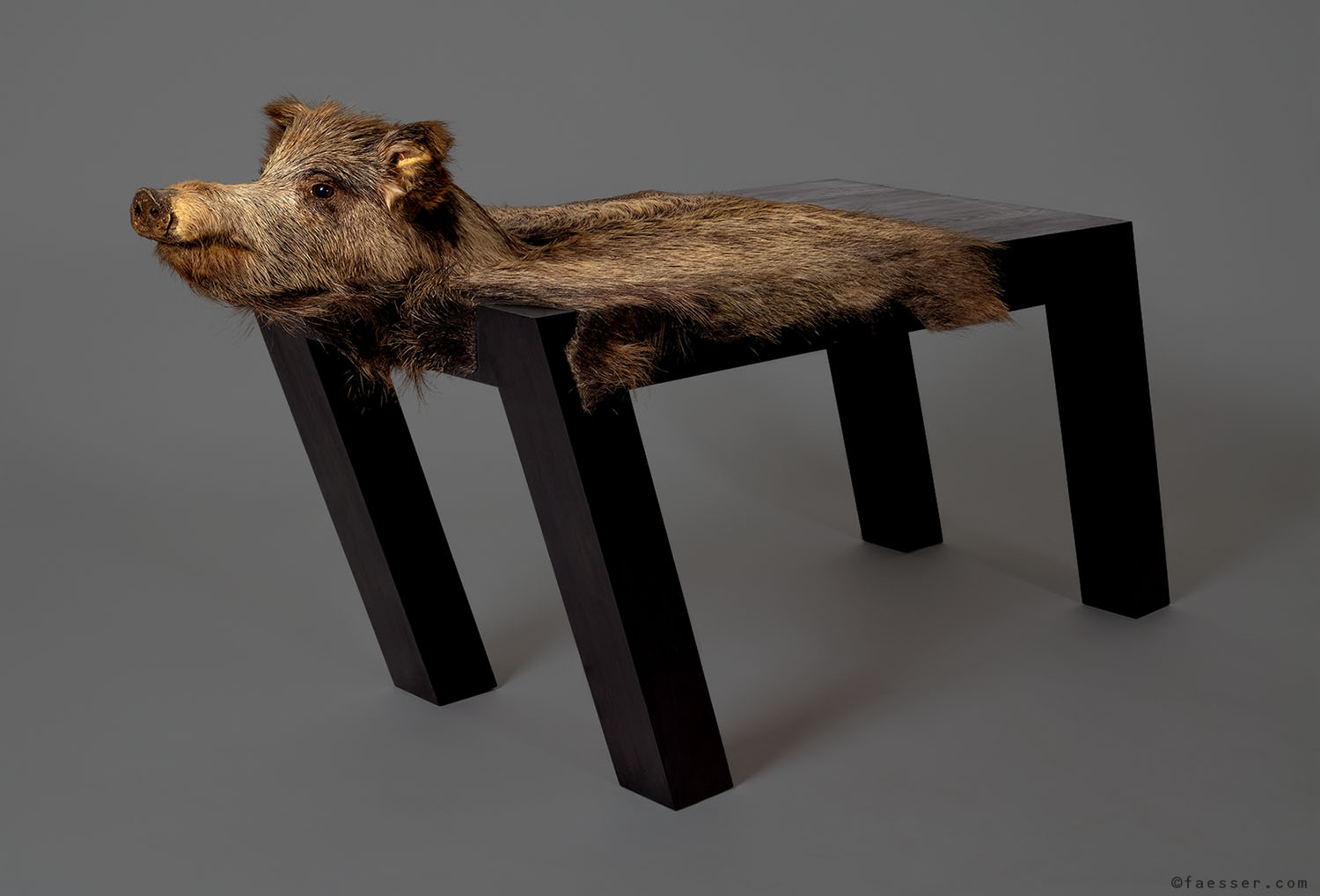 Functional side table sculpture with wild boar; work of art; artist Roland Faesser, sculptor 1987