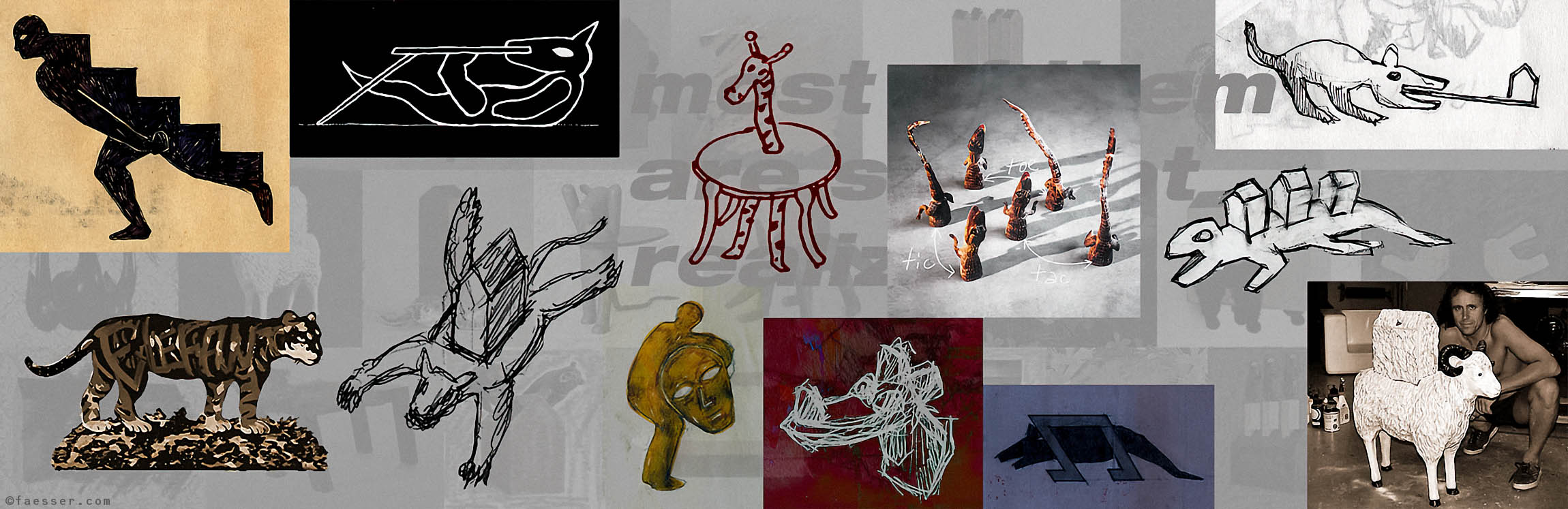 Many sketches and ideas for the next classic sculptures; artist Roland Faesser, sculptor and painter 2020