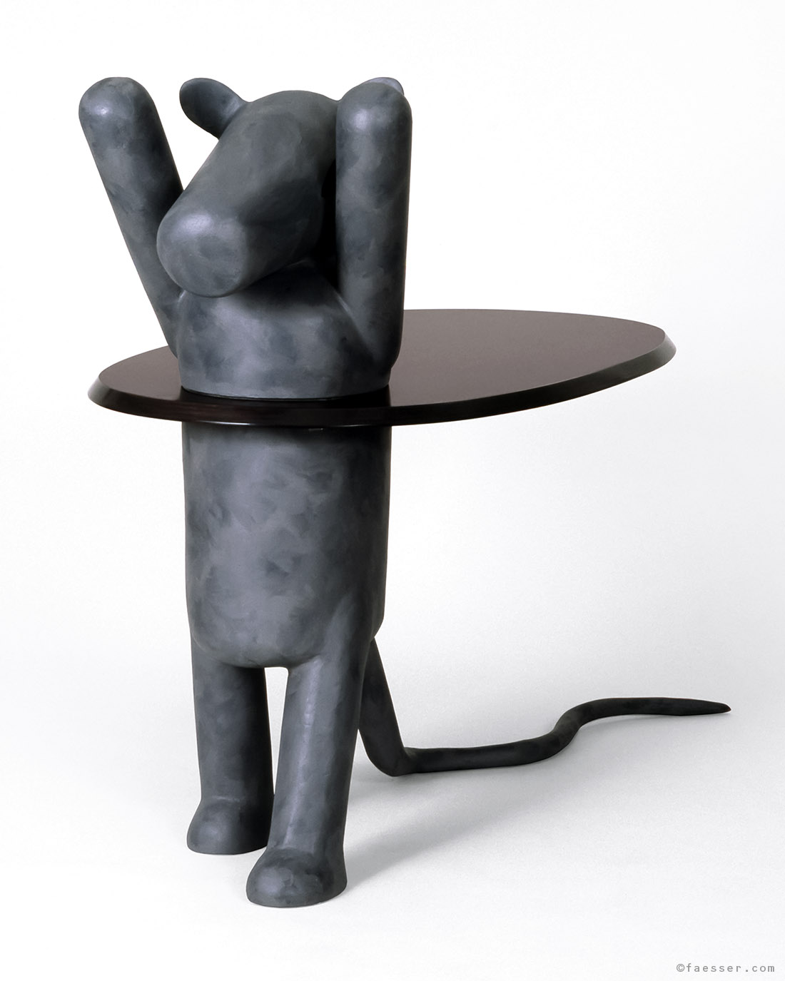 Abstract grey mouse with a hula hoop table on the hips; work of art; artist Roland Faesser, sculptor and painter 1988