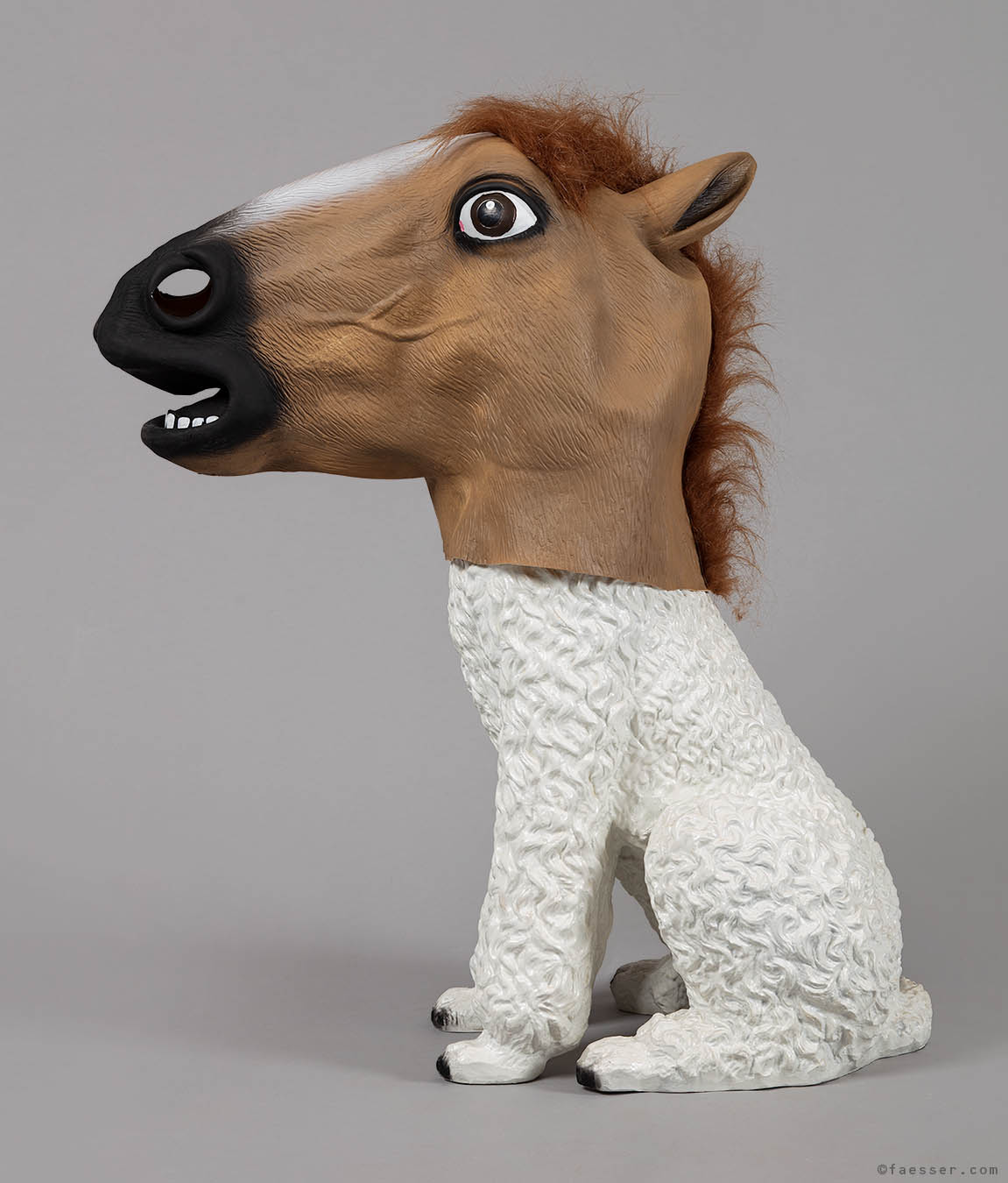 Poodle sculpture with trojan like horse mask; works of art as figurative sculptures; artist Roland Faesser, sculptor and painter 2019