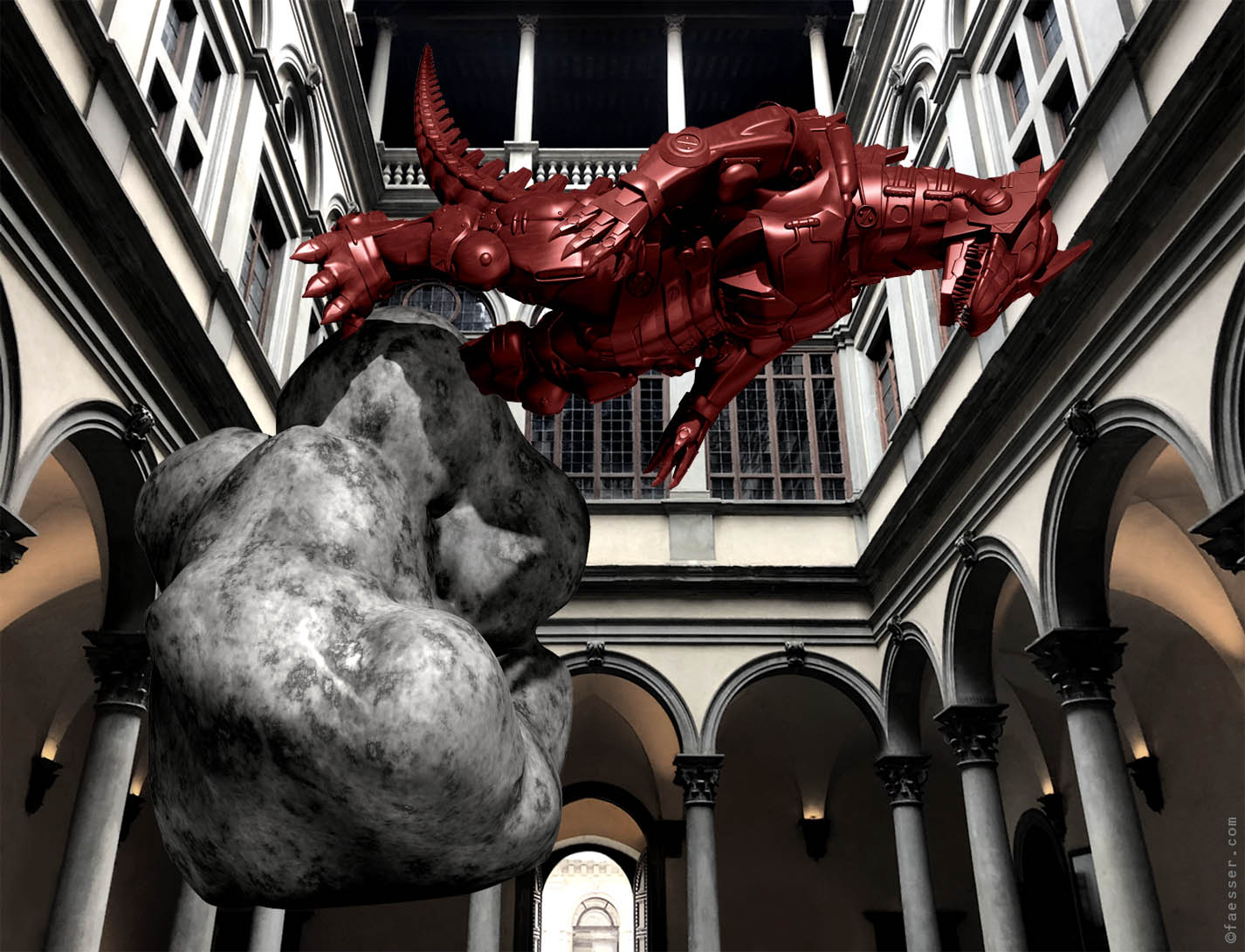 Godzilla Monster dancing exuberantly in the Palazzo Strozzi in Florence; work of art as public sculpture; artist Roland Faesser, sculptor and painter 2022