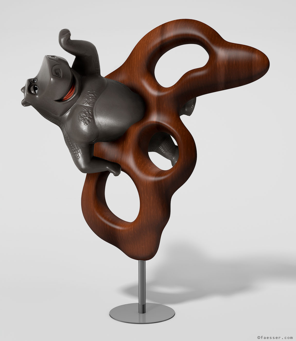 A hippo jumps through an abstract sculpture with holes; work of art as figurative sculpture; artist Roland Faesser, sculptor and painter 2020
