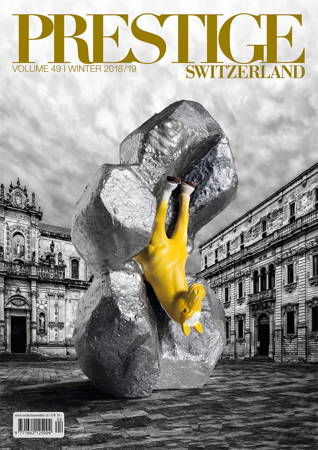 Cover PRESTIGE magazine volume 49, 2018; work of art as public sculpture; artist Roland Faesser, sculptor and painter 2018