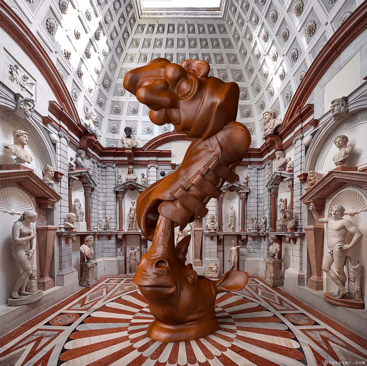 Rhynoceros juggles an Adidas tennis shoe with Punch figure on the top; virtual exhibition at Palazzo Grimani in Venice; artist Roland Faesser, sculptor and painter 2023