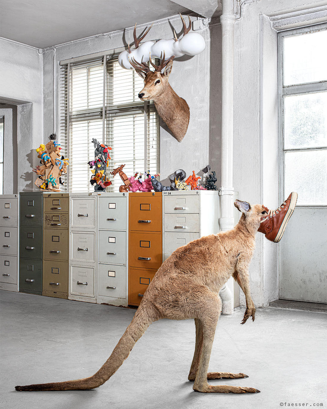 Stuffed kangaroo with corona protection at art studio Zurich; works of art as figurative sculptures and digital paintings; artist Roland Faesser, sculptor and painter 2008