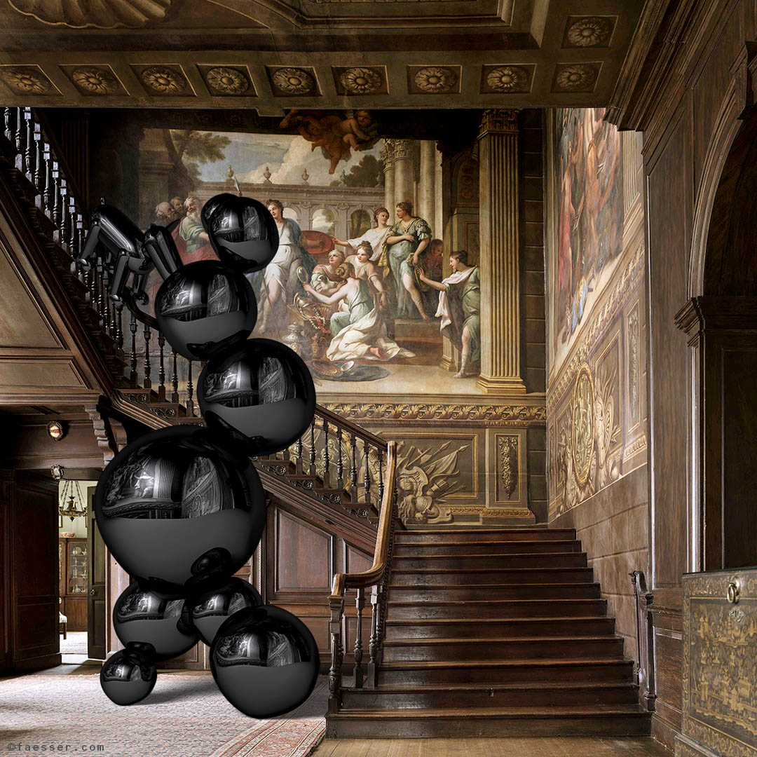 Black polished chrome steel balls sculpture with dog for Hanbury Hall in Worcestershire; work of art as figurative sculpture; artist Roland Faesser, sculptor and painter 2018