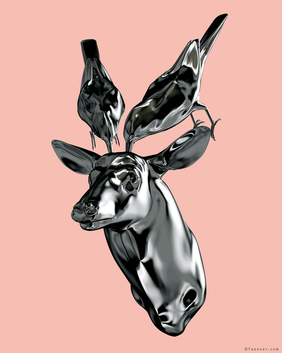 Entire chrome deer trophy with two little antlers birds as Brain Pickers; work of art as figurative sculpture; artist Roland Faesser, sculptor and painter 2017