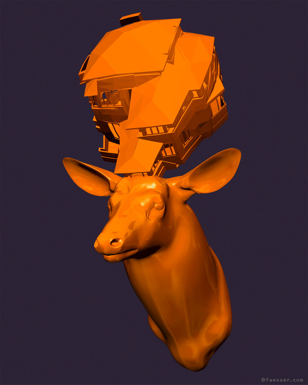 Orange deer trophy with a splitted house as antlers; work of art as figurative sculpture; artist Roland Faesser, sculptor and painter 2017