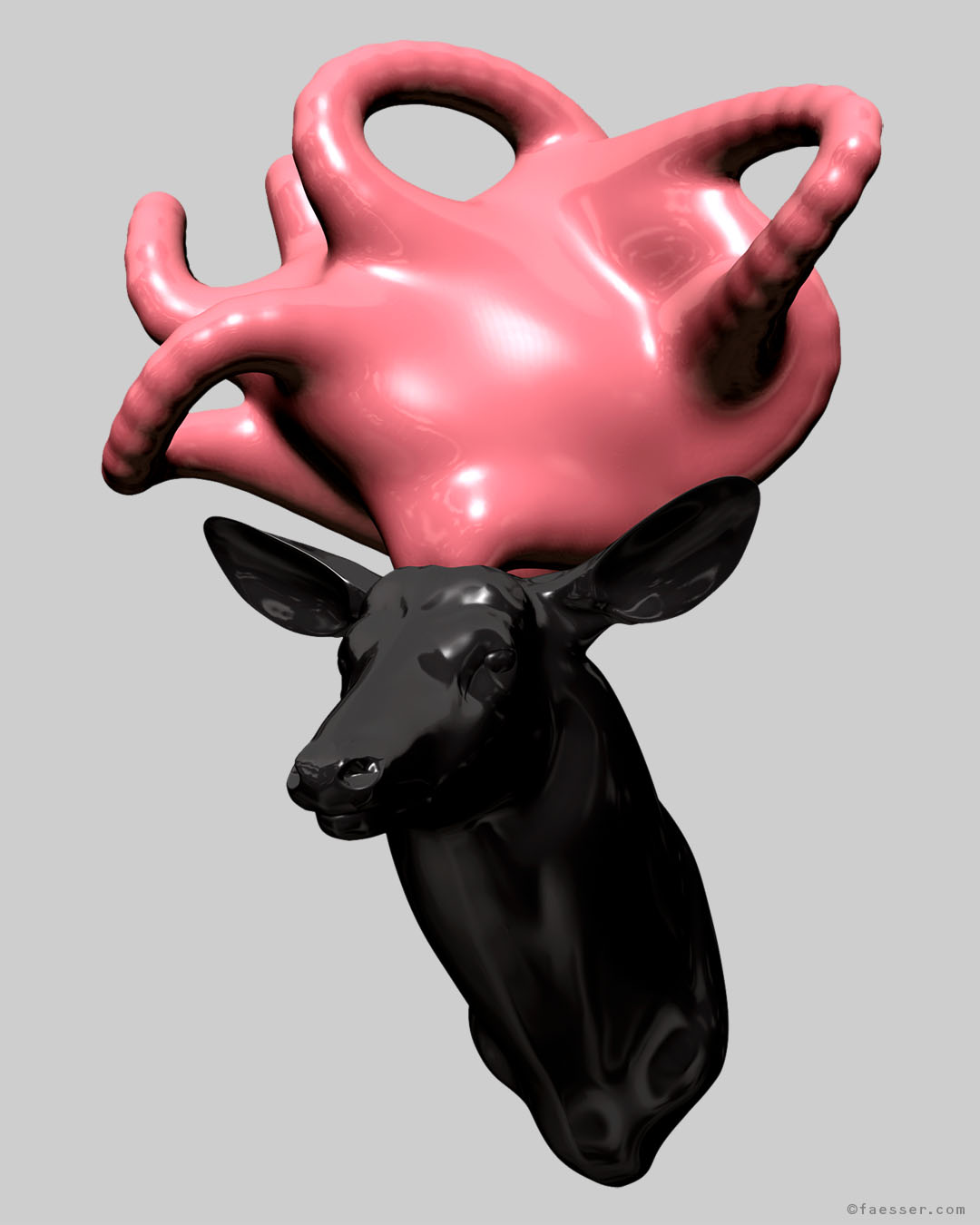 Exploding Thoughts: abstract black deer trophy with exploding pink brain; work of art as figurative sculpture; artist Roland Faesser, sculptor and painter 2017