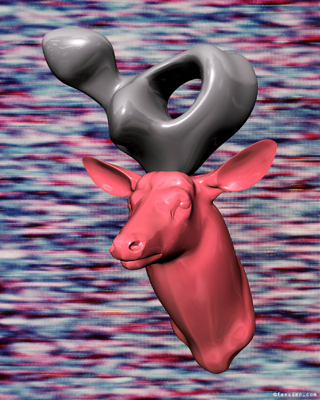 Tribute to Hans Arp: pink deer trophy with abstract sculpture as antlers; work of art as figurative sculpture; artist Roland Faesser, sculptor and painter 2017