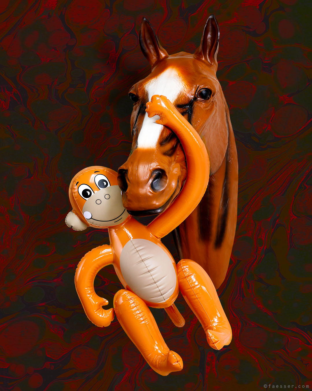 Horse Whisperer: Koons monkey as a horse whisperer in memory to Mr. Ed from an US comedy series; work of art as figurative sculpture; artist Roland Faesser, sculptor and painter 2016