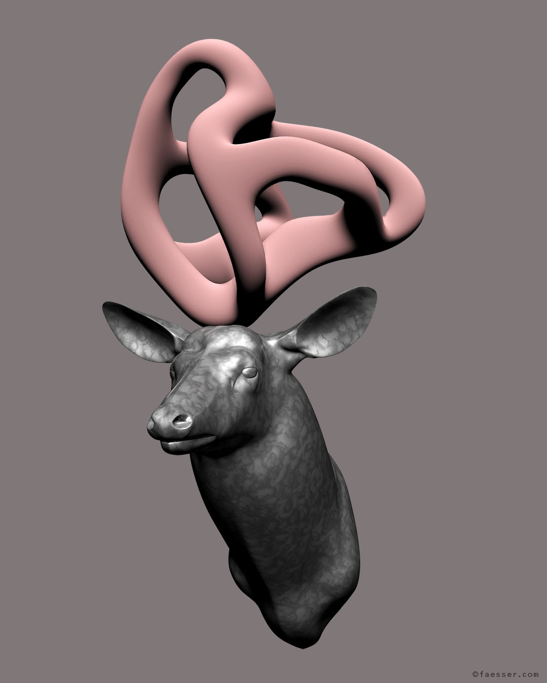 My Deer Sculpture: silver deer trophy with velvet modern pink sculpture as antlers; work of art as figurative sculpture; artist Roland Faesser, sculptor and painter 2017