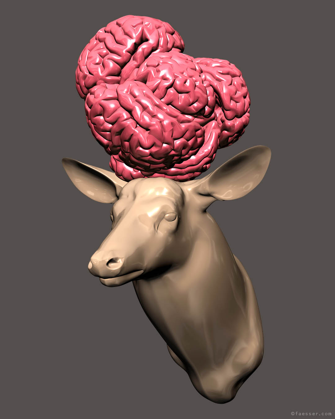 Brainer: deer trophy with celebrated brain sculpture as antlers; work of art as figurative sculpture; artist Roland Faesser, sculptor and painter 2017
