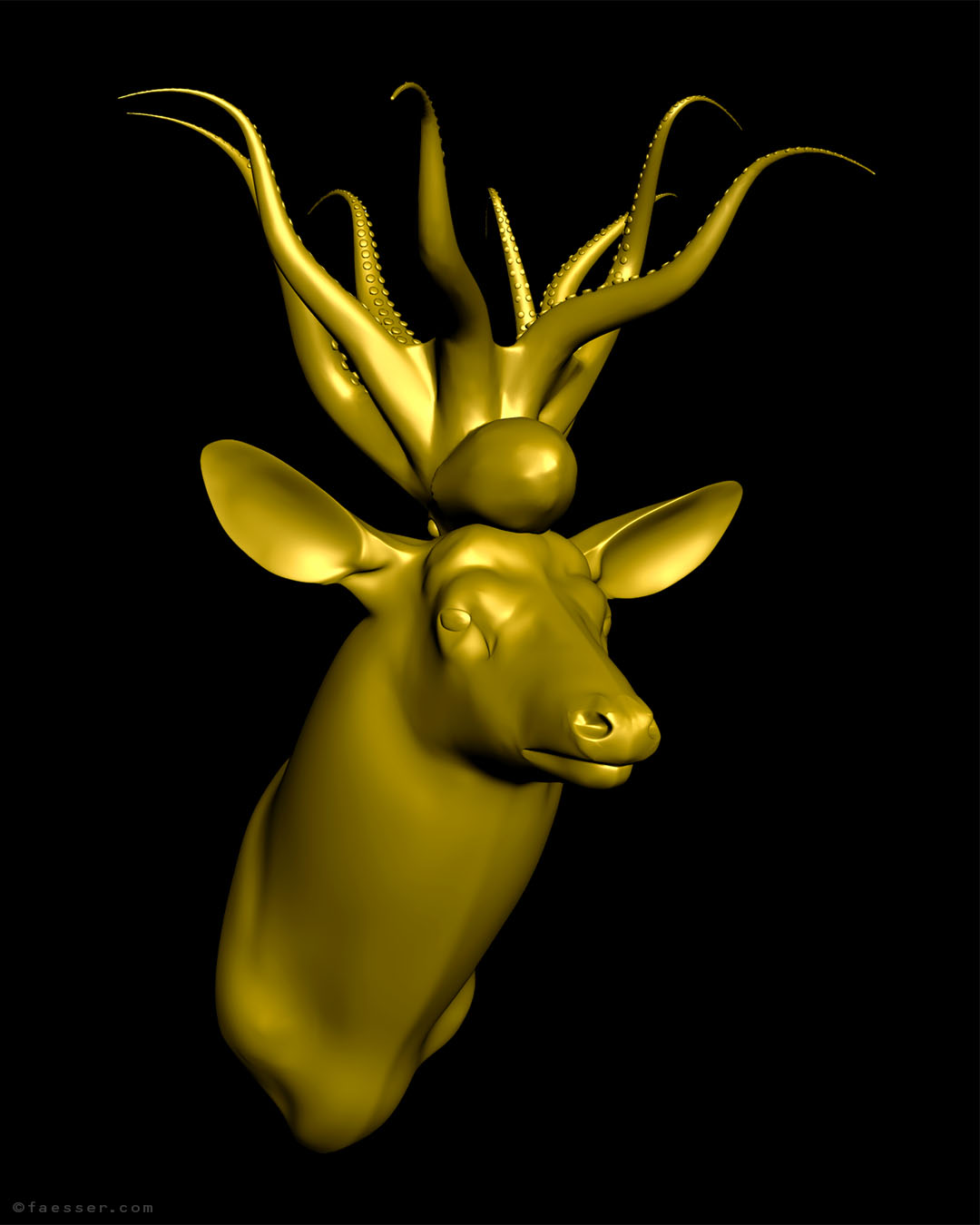 Goldfingers: golden deer trophy with golden squid sculpture as antlers; work of art as figurative sculpture; artist Roland Faesser, sculptor and painter 2017